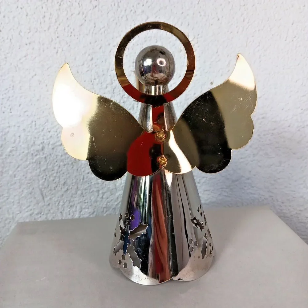 Angel Candle Holder Silver and Gold Tone Metal Vintage Holly Cutouts Festive